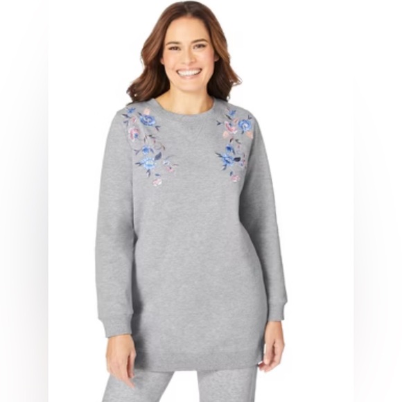 Woman Within Gray Floral Sweater - Picture 1 of 3